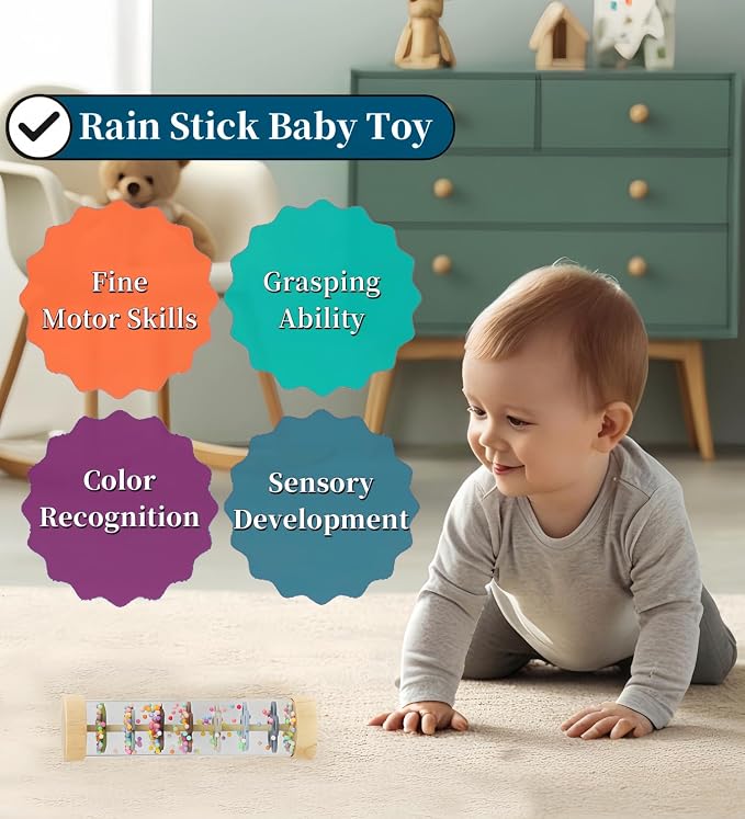 Oneshow Wooden Rain Stick Montessori Toys for Baby 12-36 Months, Rainmaker | Rain Sticks for Kids, Baby Rattle Shaker Sensory Toy with Calming Rain Sounds, Educational Gifts for Toddler Boys Girls, 6.8"