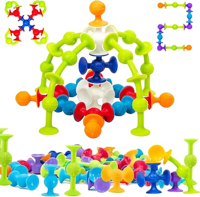 48 Piece Suction Cup Toys Construction Set - Silicone Building Blocks DIY Fun Bath Toys for Kids, Travel Essentials for Toddlers, Stem Bins for Classroom Darts Sucker