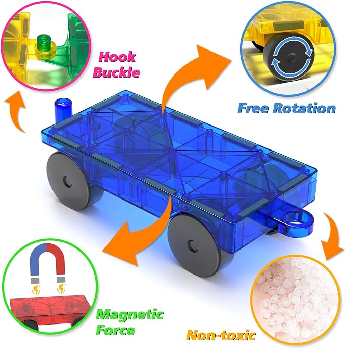 Feoxialy Magnetic Tiles Cars 4 PCS Magnetic Cars Set Construction Kids Toys | Magnet Building Blocks for Kids Ages 4-8 3-5, Truck Kit Educational Toys Gifts for 3+ Year Old Boys Girls Christmas Birthday