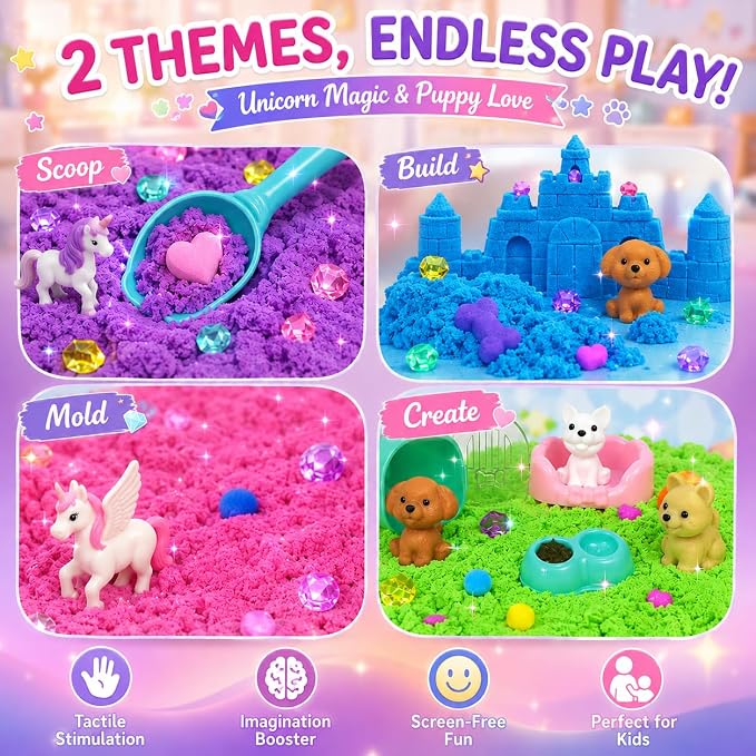 AGENTLAN Stackable Sensory Bin, Unicorn & Pet Sensory Sand Play Set | Unicorn and pet sand box with play sand, sensory toys for toddlers boys and girls, gift for girls ages 3-8