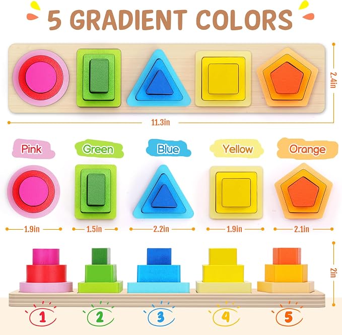 Montessori Toys for 1 2 3 Year Old Boys Girls Toddlers, Peg-Free Wooden Toy | Heightened Sorting Stacking Toys, Birthday Gift for Baby Kid Age 18+ Month, Preschool Nested 3D Shape Sorter Learning Blocks