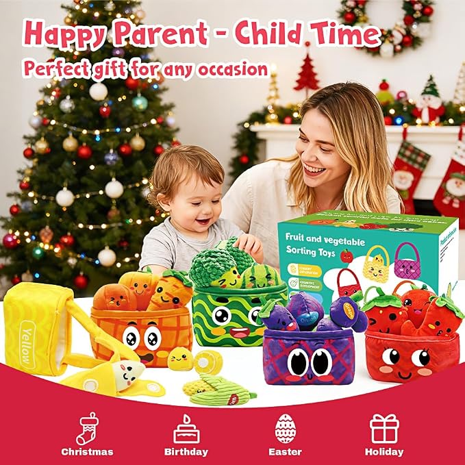 Play Food for Toddlers 1-3, Plush My First Fruit Vegetables Basket Color Sorting Rattle, Squeaker & Crinkle Play Food Set for Kitchen Baby Sensory Toys Easter Basket Stuffers Birthday Gifts 20PCS
