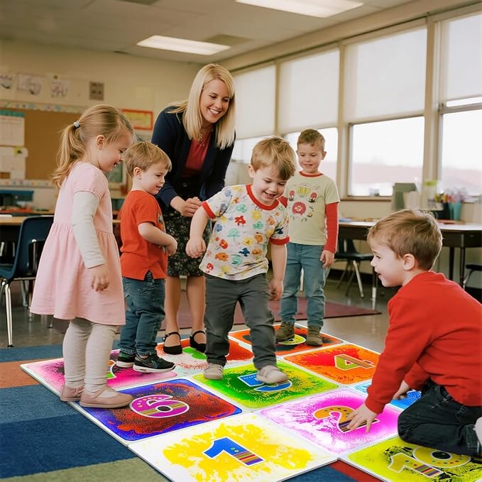 Sensory Floor Tiles for Preschool: 12" Liquid Number Mats, 10 Pack | Interactive Learning Tiles for Counting, Number Recognition, Visual Tracking, Stepping Games, and Classroom Activities