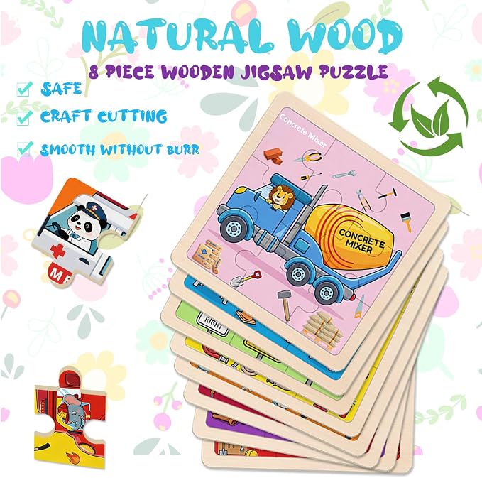 Wooden Jigsaw Puzzles for Kids Ages 3-5, 8-Pack 9-Piece Traffic Puzzles Toy | Transportation Wood Puzzles Set, Toddler Brain Teaser Toys, Gifts for Boys Girls Ages 3 4 5 6