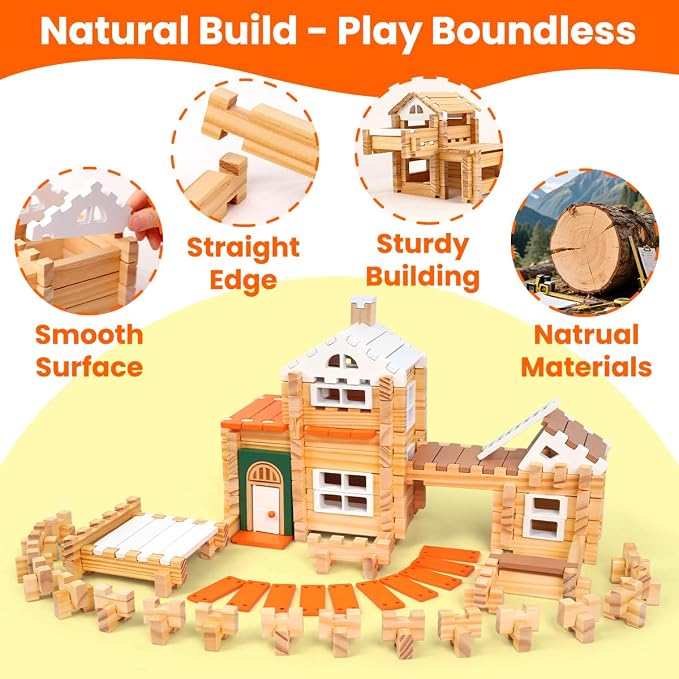 Jovi-mindly＆Notchies New 206 PCS Wooden Blocks Wooden Toys with House and Car, Preschool Learning Toys Wood Blocks Building for Kids Ages 4-8 Creative Construction Game,Birthday Toys Gifts