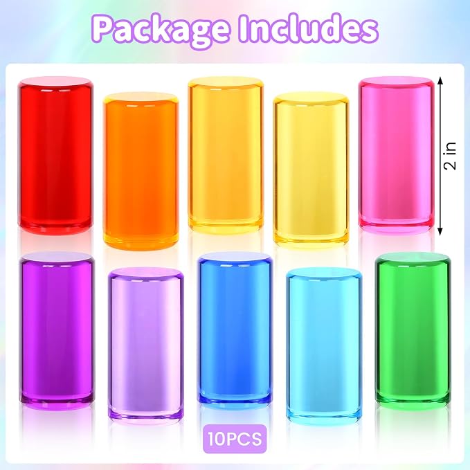 Rainbow Acrylic Blocks, 10 Stackable Cylinders for Kids Ages 3+ | 10 acrylic color blocks, 2 x 1 in, stackable, ages 3+, white paper box for gift wrap, preschool and light table use