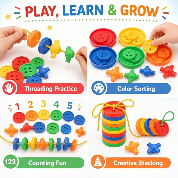 40 Pcs Big Bright Craft Buttons Stacking Toy Plastic Assorted Vivid Button Colors Geometric Shaped Buttons Colorful Large Beads Button Lacing Threading for Arts DIY Crafts Projects