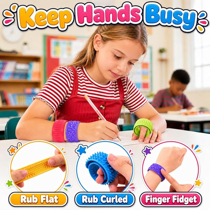 KLT Silicone Slap Bracelets 12 Pack with 6 Textures | Reusable storage boxes, quiet wearable fidgets, classroom rewards, office desk toys, travel activities, party favors