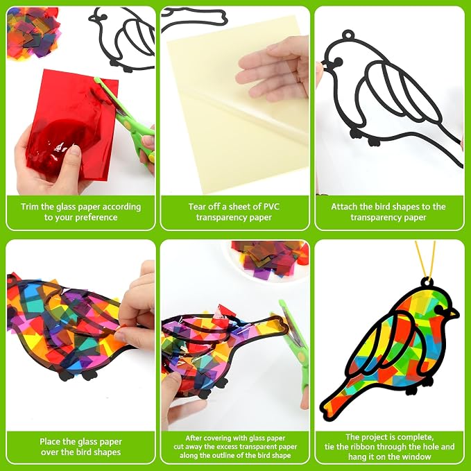 Lonfliness 32 Sets Bird Suncatchers Craft Kit DIY Birds Window Stained Glass Effect Paper Spring Home School Classroom Decoration Art Craft Creative Activity Project Gift Favor