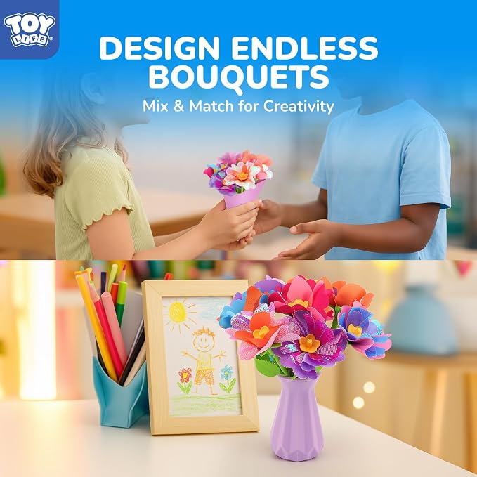 TOY Life DIY Flower Bouquet Craft Kit, Reusable Fabric, Ages 3-12 | Hands-on STEM activity, washable pieces, girls birthday gift idea