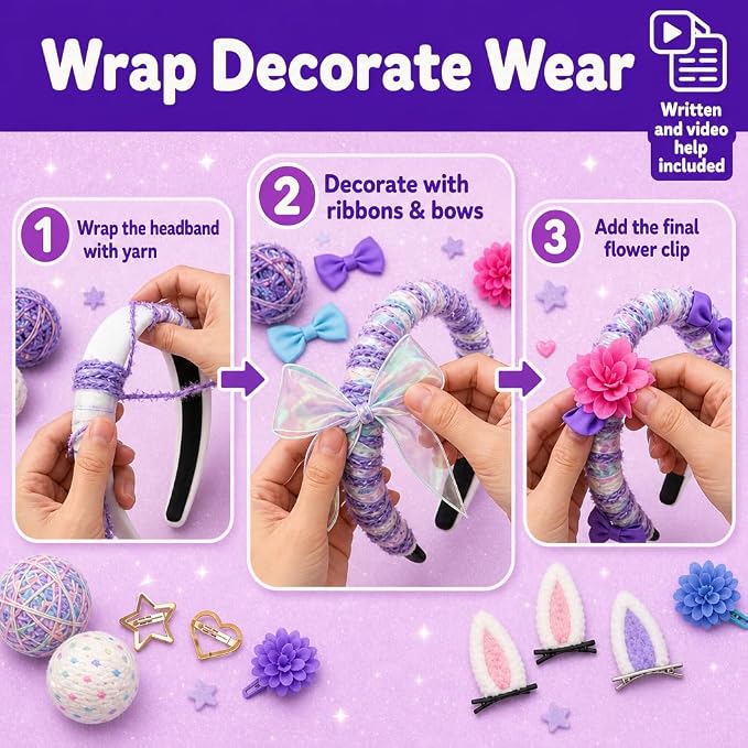 Wrap & Wear DIY Yarn Headband Making Kit, 7 Year Old Girl Birthday Gifts | Makes 6 Yarn Headbands for Girls Plus 3 DIY Metal Hair Clips, Mess-Free Headband Making Kit for Girls, Arts and Crafts for 6+