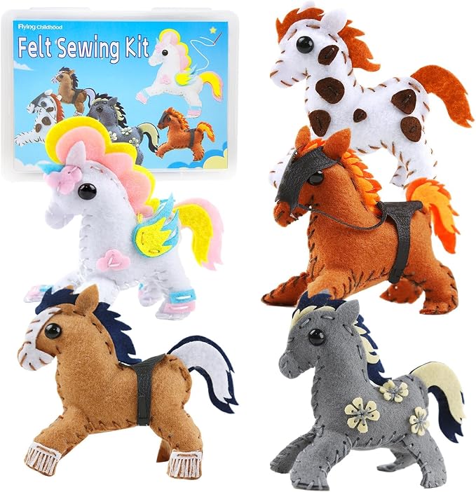 IROLEHOME 5-Pc Pony Sewing Kit for Kids Ages 8-12 Beginner Felt Craft Kits | Learn to Sew Craft Kit for Kids DIY Stuffed Horse Dolls - Montessori Educational Toys Gifts for Toddlers Fine Motor Skills
