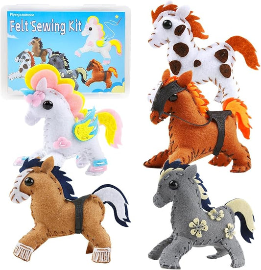 IROLEHOME 5-Pc Pony Sewing Kit for Kids Ages 8-12 Beginner Felt Craft Kits | Learn to Sew Craft Kit for Kids DIY Stuffed Horse Dolls - Montessori Educational Toys Gifts for Toddlers Fine Motor Skills