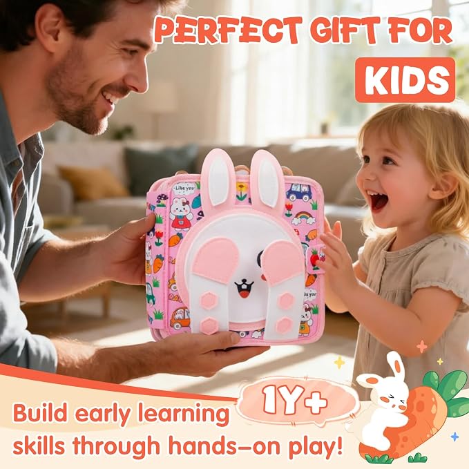 Bunny Montessori Busy Book for Toddlers 1-3- Preschool Felt Quiet Busy Book with Animal Sensory Mats- Early Learning Set for 1 2 3 Years Old Autism Sensory Toy-Airplane Travel Toy for Kids Girls Gifts
