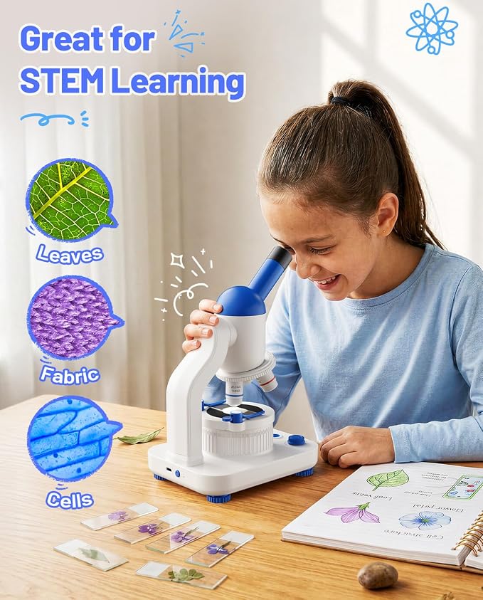TOMLOV DM301K Microscope for Kids, 640X Educational Science Kit, STEM Toy | 12 Prepared Slides, Easy Focus, Beginner-Friendly, Dual LED Lights, Rechargeable Battery, Phone Adapter, Ages 6-12