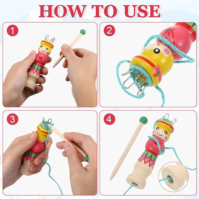 SHINEOFI Wooden Yarn Knitting Spool Toy, DIY Knitting Doll for Kids and Adults, Multi-Purpose Weaving Tool with Needle
