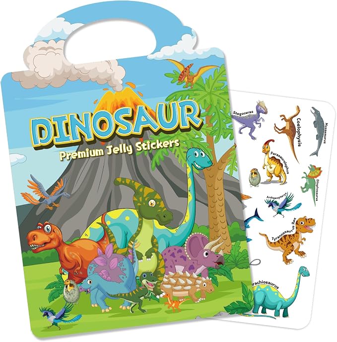 Reusable Sticker Book for Toddlers 3-6, Jelly Stickers for Kids, Sticker Activity Book Travel Toys for Car & Airplane, Educational Learning Gifts for Boys and Girls (Dinosaurs Theme)