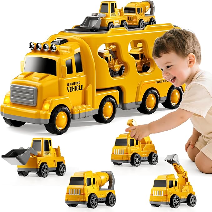 5-in-1 Construction Trucks Toys for 3 4 5 Years Old Boys | Carrier Transport Vehicle Truck for Toddlers 3-4 Years with Crane, Mixer, Pushdozer and Excavator, Car Toys Birthdays Gift