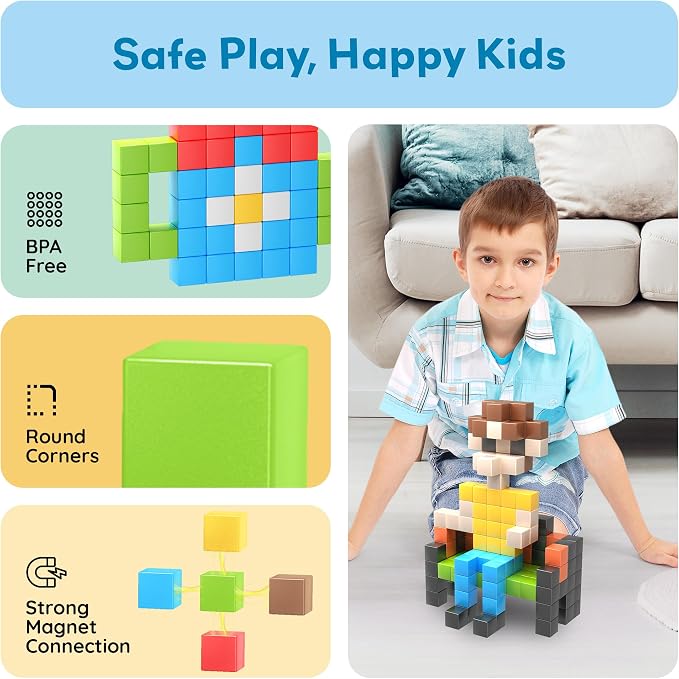 PicassoTiles 108 Piece Magnetic Cubes, 1 Inch STEM Building Set for Kids 3+ | 50+ design idea book included, hidden connector construction, BPA-free non-toxic materials, preschool ready, screen-free play