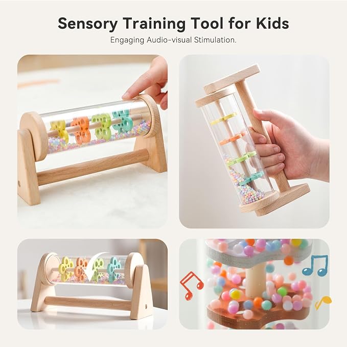 IEATFO Rain Stick Toy with Stand - Sensory Sound Training Tool for Kids, Tummy Time Musical Instrument for Infant Development | Rainmaker with Wooden Base, Clear Tube, Colored Flower Discs and Beads