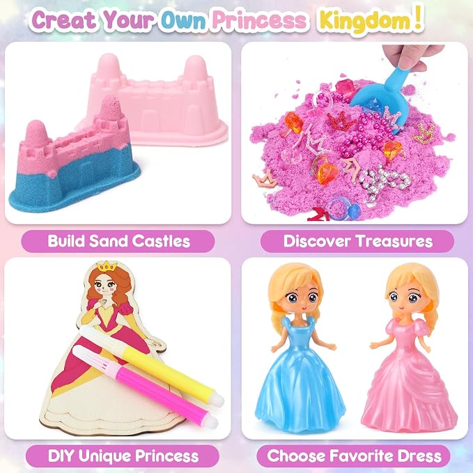 TUZT Princess Unicorn Sensory Bin Sandbox for Girl Kid Toys, 2lbs Color Sensory Sand & 6 Castle Molds & Play Kits, Sand Box Toys for Kids Girls Toddlers 3 4 5 6 7 8 Christmas Birthday Gift