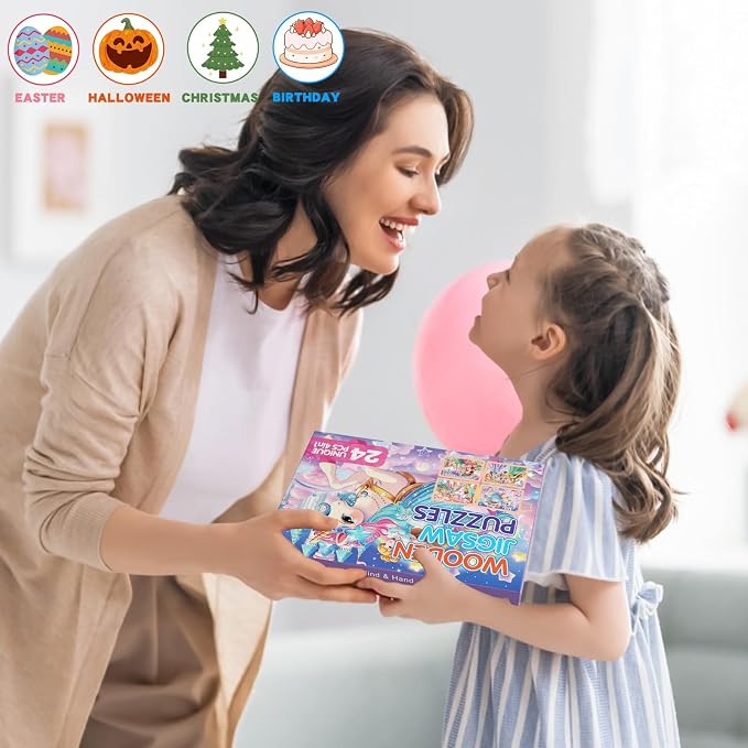 Wooden Puzzles Toys for Kids Ages 3-5, Set of 4 Packs with 24-Piece Unicorn Mermaid Princess Wood Jigsaw Puzzles, Preschool Educational Brain Teaser Toys for Girls 3 4 5 6 Years Old.