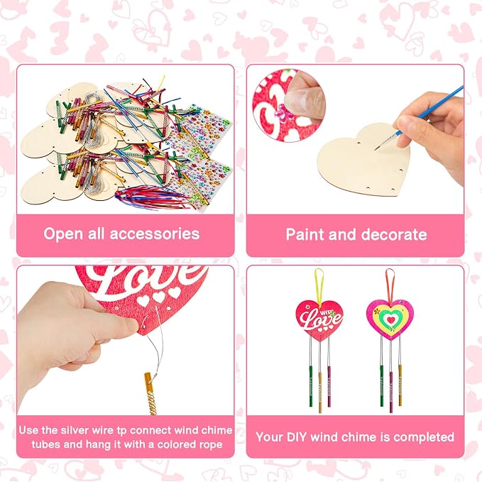 Fennoral 27 Pack Heart Wind Chime Kit for Kids Make You Own Double Side Wind Chimes DIY Colorful Wooden Art and Craft for Kids Mother's Day Party Decoration Mom's Birthday Gift from Kids
