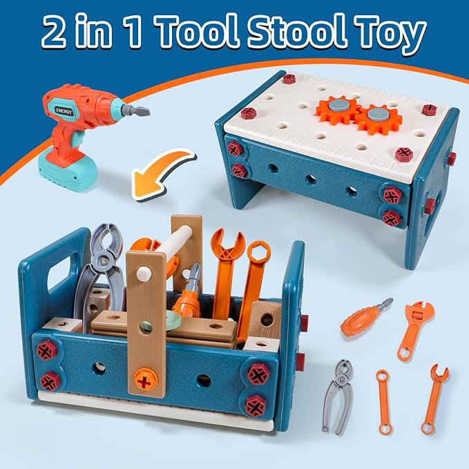 VEAIS Kids Tool Set with Drill,120Pcs Tool Set with ToolBench,Montessori Toy for 3+Year Old,Educational STEM Construction Toys for Ages 3-6,Pretend Play Kids Toys 3-5 Year Old Birthday Gift