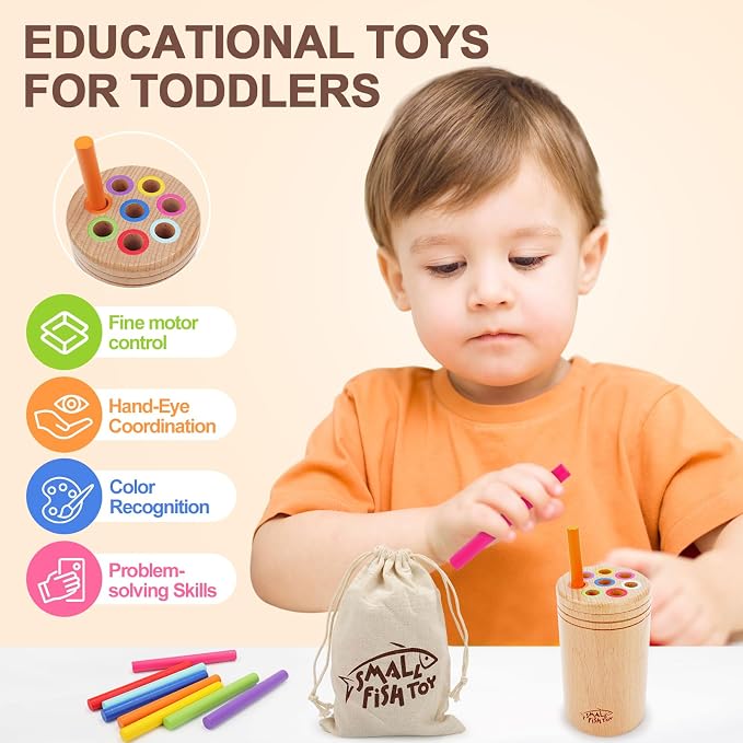 Montessori Toys for Toddlers 1-3 Wooden Fine Motor Learning Preschool Toys | Sensory Color Sorting Toy for 18 Month Old Babies, Solid Wood Educational Busy Board Travel Birthday Gift for Boys Girls