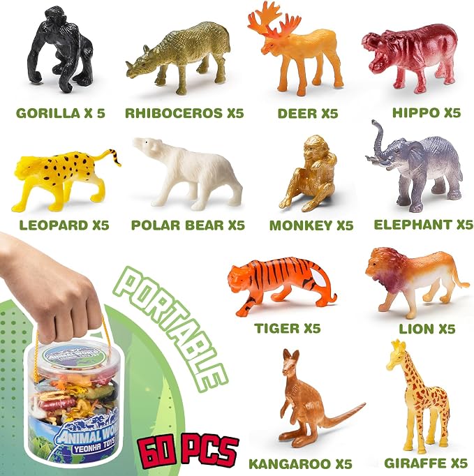 60 Piece Animal Figures with Gift Box, Safari Jungle Animal Figurines | Realistic Small Plastic Animal Figure Sensory Bins, Jungle Party Favors, Cupcake Topper, School Education, Birthday Gifts for