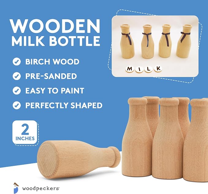 Wooden Milk Bottle, 2 inch, Pack of 25, Small Unfinished Cargo Drums, Perfect for Miniatures, Scale Models, Mini Train Making or Woodworking Craft Projects, by Woodpeckers