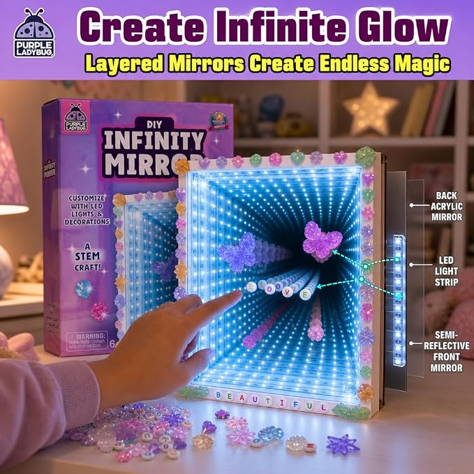 DIY Infinity Mirror Kit, Screen-Free Crafts for Girls Ages 6-12 | Light-Up STEM Crafts with Gems & Assorted Alphabet Beads for Customization, Educational Girls Crafts Ages 6-8