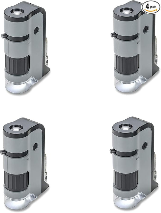 Carson MicroFlip 100x-250x LED and UV Lighted Pocket Microscope with Flip Down Slide Base and Adapter with CarsonCam Phone App - Set of 4 (MP-250MU) | STEM Handheld Microscope Set with Smartphone Adapter Clip for Digiscoping, Flip Down Slide Base - Set...