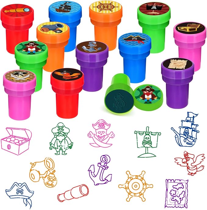 Cinrobiye 24 Pcs Pirate Stampers Party Favor Set, Cute Pirate Adventure Stamps for Kids Birthday Party, Classroom Rewards, Carnival Prizes, Goody Bag Fillers, Pirate Themed Party Supplies