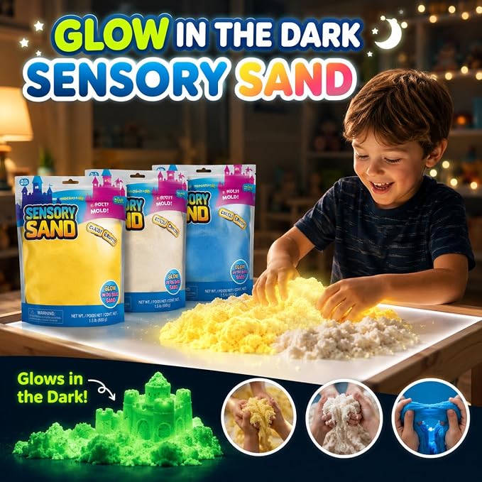 Carolart Glow in the Dark Sensory Sand Refill for Kids 7.5lb | 7.5lb Bulk Sensory Bin Filler, 5 Color Moldable Play Sand, Sensory Kit for Sand Tables, Classroom Activities & Crafts