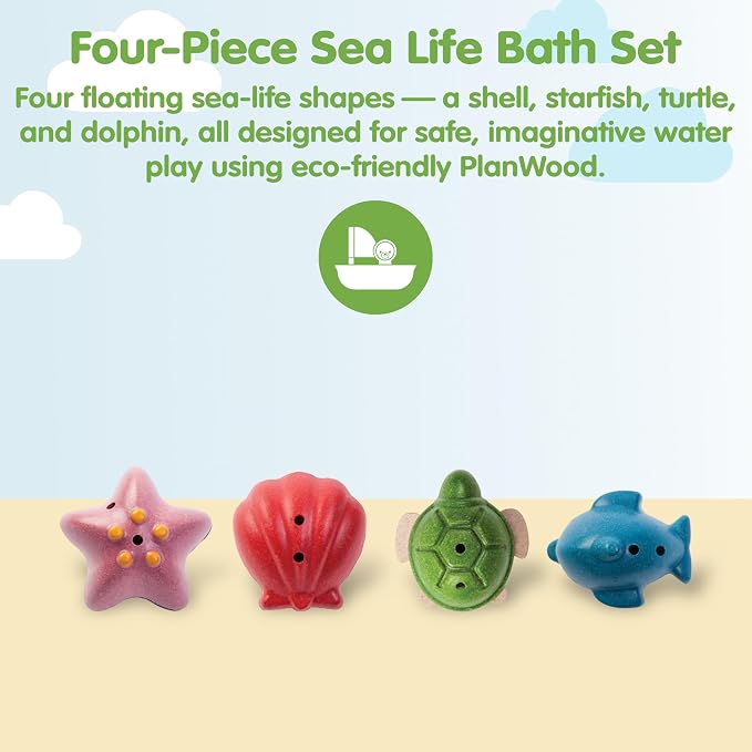 PlanToys® Sea Life Bath Set Wooden Montessori Water Play Kids Toy Ocean | wooden sea life bath set, montessori tactile water play, fine motor sensory exploration, cause effect learning, kids toy