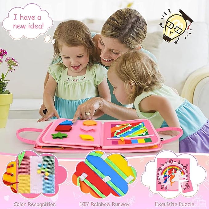 Montessori Busy Board Sensory Toddler Activity Book (Pink) | Toddla Learning Quiet Book for Girls & Boys Ages 1-3, Ideal Birthday & Christmas Gift for 1+ Year Old