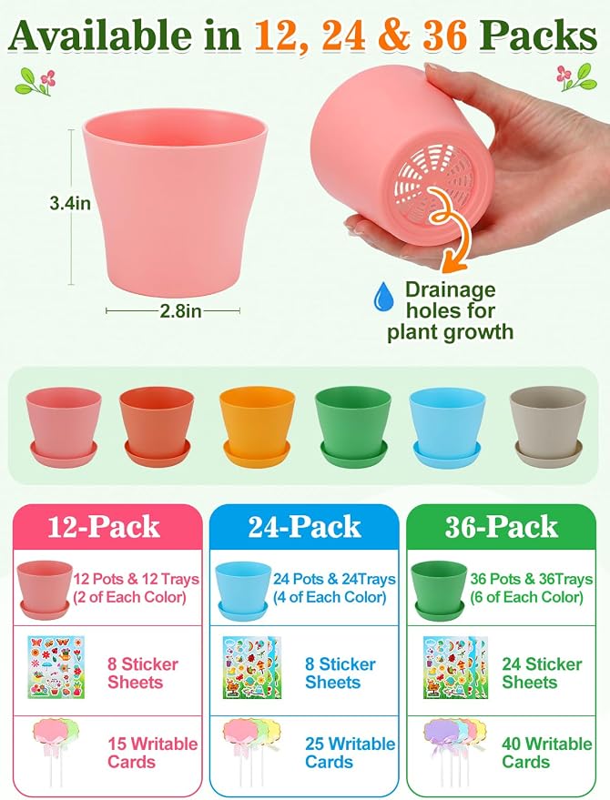 Cosweet 12 Pack Durable Resin Garden Pot Craft Kit for Kids | Colorful Flower Plant Crafts with Trays, Stickers & Blank Labels, Art Activities for Classroom School Home DIY Gifts 4+ years