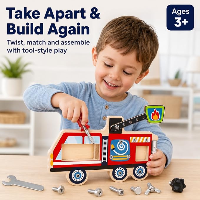 Wooden Fire Truck Screw Activity Board with Tools, Montessori-Inspired, 3+ | Removable screws and pieces for matching, turning and refitting, with storage bag for tidy pack-away