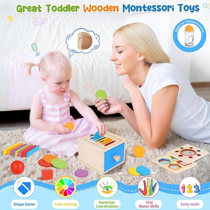 FCSONU Montessori Shape Sorters Toys for Toddler 1-3|Fine Motor Skills Toys | 3in1 Sorting Box | Coin Box Toy, Learning Color Sorting Toys Sensory Toys, Easter Christmas Birthday Gifts for Boys Girls Kid