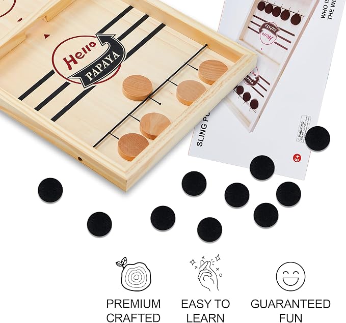 HELLO PAPAYA Fast Sling Puck Game - Test Your Speed and Accuracy with This Fast-Paced Wooden Air Hockey Desktop Battle Board Game - Guaranteed Fun Gifts for Family Night or Friends Party