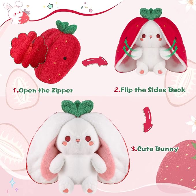 MIAODAM Strawberry Bunny Stuffed Animal, Cute Soft Bunny Plush Toy for Kids | Perfect Birthday Present & Nursery Decor, Ideal Easter & Christmas Gift (10 Inch)