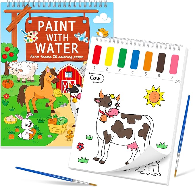 SOCOLER Paint with Water Coloring Books for Toddlers, Farm Theme Mess Free Watercolor Painting Papers for Kids Water Color Paint Kit Art Craft Gift for Ages 1-3, 4-8