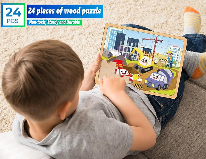 Wooden Jigsaw Puzzles for Kids Ages 4-6, 4-Pack 24-Piece Animal Puzzles Toy | Wood Puzzles Set, Toddler Brain Teaser Toys, Gifts for Boys Girls Ages 3 4 5 6