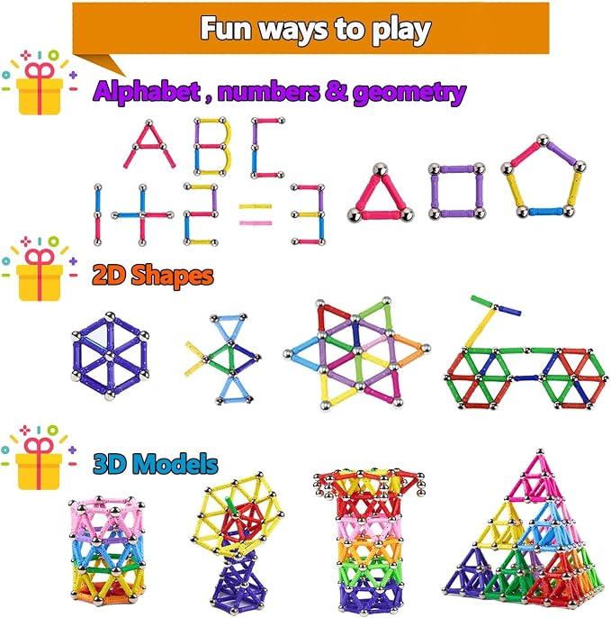 158Pcs Magnetic Building Sticks Blocks, Magnet Educational Toys STEM Toys Learning for Kids, 3D Construction Building Toy with Storage Bag