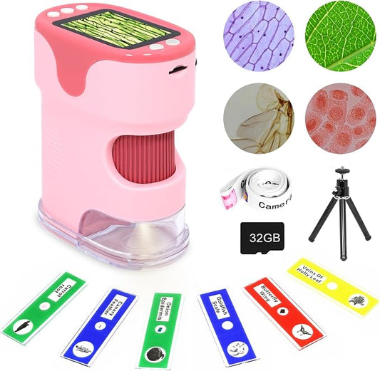 Handheld Digital Microscope for Kids with 2'' HD Screen, 200~1000X Pocket Microscope, Starter Kit with 6 Random Specimen Slides and 32G SD Card Included, Educational Gift for Children Age 6+ (Pink)