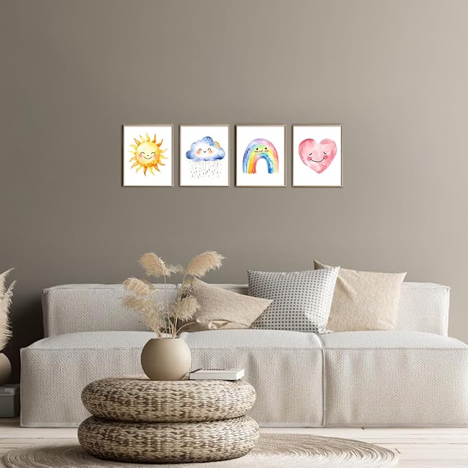 Girls Rainbow Canvas Wall Art Watercolor Sun Clouds Heart poster 8X10Inch | Bohemian Kids Sunshine Art Print for Classroom Kids Room Baby Room Bedroom Dorm Set of 4 Unframed