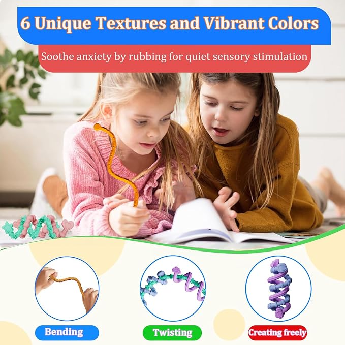Tendry Sensory Sticks Fidget Toys for Adults & Kids, 6PCS Textured Anxiety Relief Items for Autism ADHD, Silicone Fidgets for Classroom Calm Down Corner Supplies （3 Yeas+）