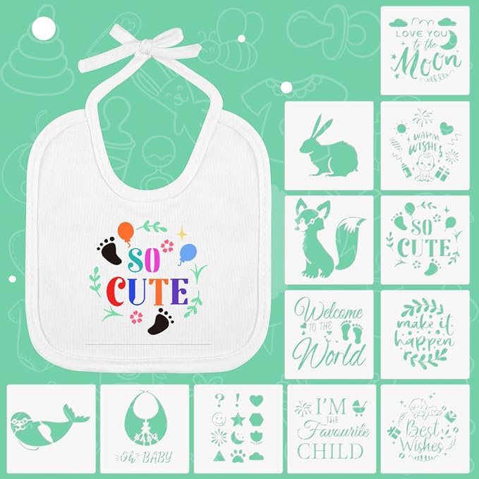 BOUBONI 88 Pcs DIY Baby Bibs Decorating Set Includes 18 White Bibs, 12 Fabric Markers, 24 Stencils, 33 Clothespins, 1 Hemp Rope for Baby Shower Games, Boys & Girls