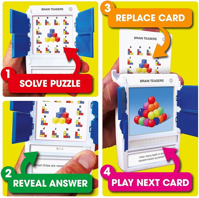 Brain Teasers Travel Game - Solve 100 Puzzles | Flash Cards with Slide Reveal Case | Card Game, Gift, Stocking Stuffer | Hours of Fun for Kids and Adults | Age 6+